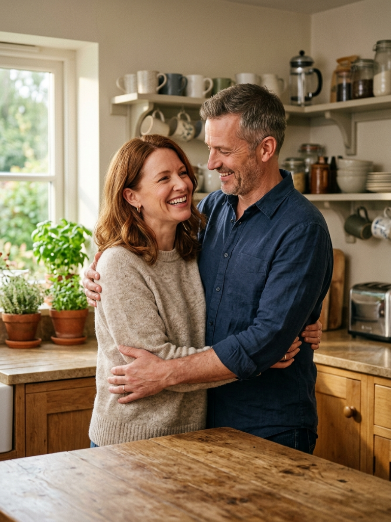 Happy couple embracing in the kitchen